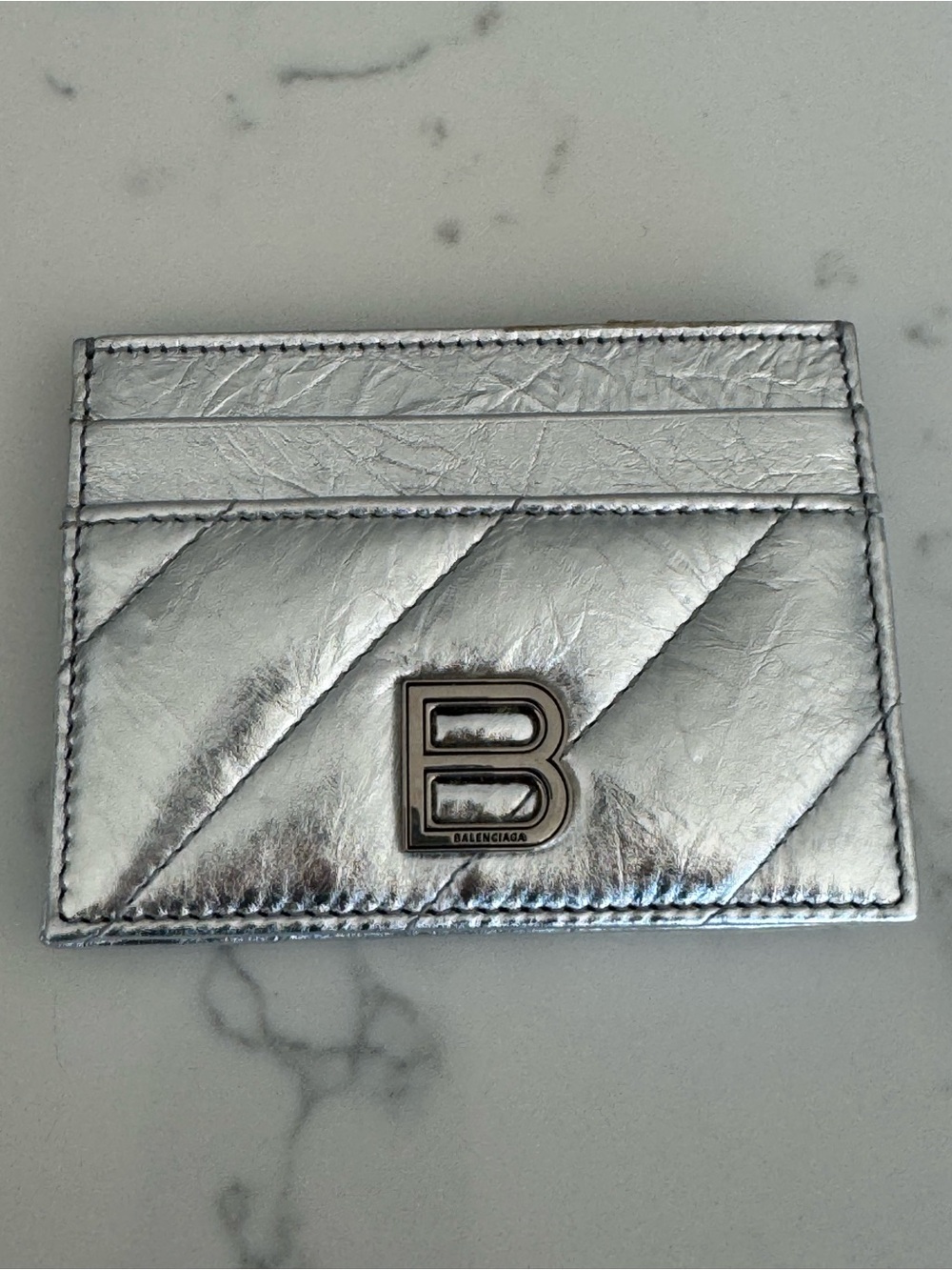 Balenciaga Silver Metallic Quilted Card Holder with B Logo